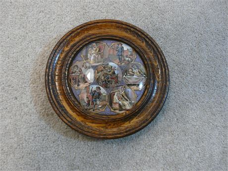 ANTIQUE WOOD FRAMED PRATTWARE POTTERY POT LID ( THE SEVEN AGES OF MAN )
