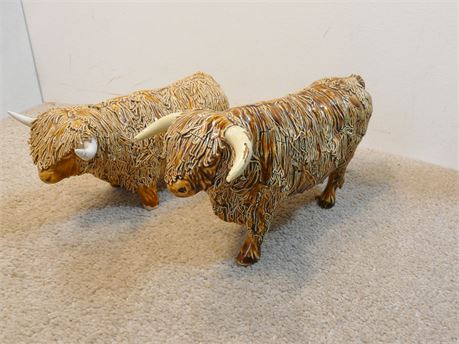 TWO LARGE VINTAGE SPAGHETTI HIGHLAND CATTLE COW & BULL
