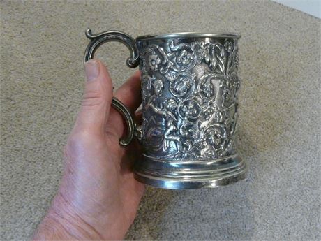 ANTIQUE VICTORIAN SILVER PLATED REPOUSSE TANKARD BY JOHN SHERWOOD VGC