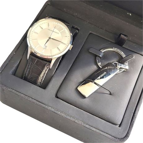 EMPORIO ARMANI AR8015 wristwatch & keyring set quartz movement GC BOXED