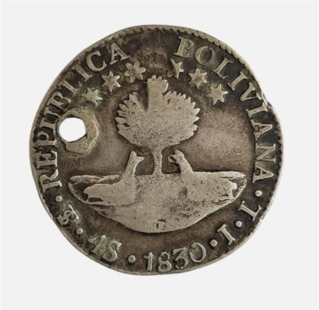 Antique 1830 Republican Bolivian 4 Soles silver coin .667 13.3g FAIR RARE