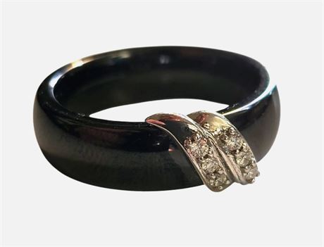 Vintage QVC Diamond & Onyx sterling silver ceramic statement ring UKR US8.75 E59