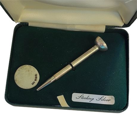 Antique sterling silver golf tee pencil and ball marker by W.M. 9.6g GC BOXED