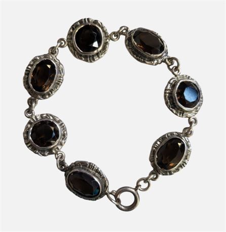 Antique Solid Silver & Smoky Quartz Chain Bracelet Chain Oval Round 18.7g GC