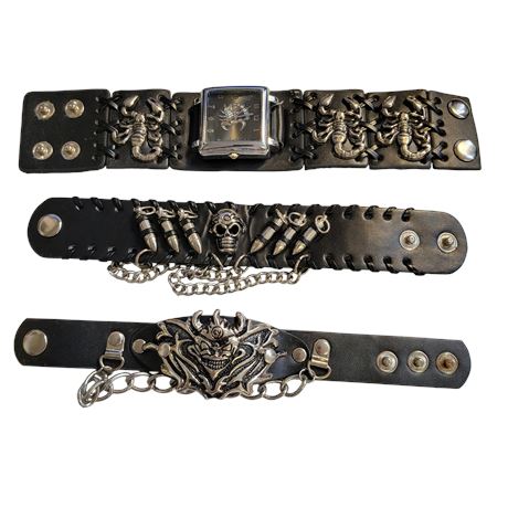 Lot of Goth / Punk / Rock black leather quartz wristwatch and wristbands VGC