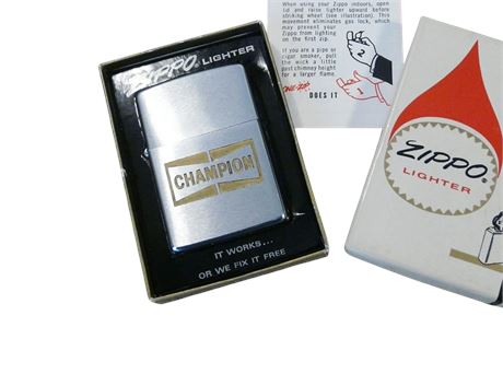 VINTAGE 1974 ZIPPO CIGARETTE  LIGHTER CHAMPION SPARK PLUGS BOXED VGC