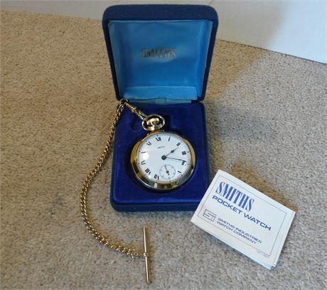 VINTAGE c1970 SMITHS ENGLISH MADE GOLD PLATED POCKET WATCH & CHAIN BOX & INFO