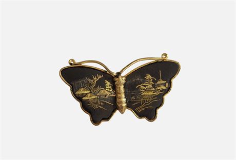 Vintage Amitya Japanese Damascene Gold Plated Butterfly Brooch Mount Fuji GC