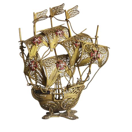 Vintage Brass Wire Filigree Sailing Boat Shop with Portugal Cross of Christ VGC