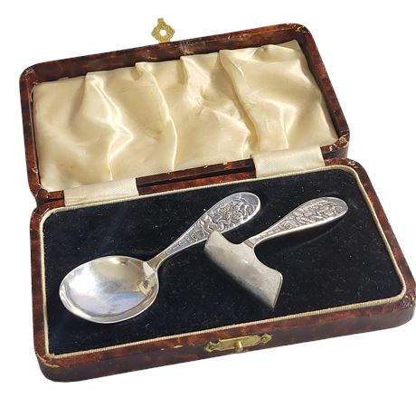 Vintage 1932/36 Silver Jack & Jill Infant Spoon & Pusher Set W.H.Collins GC BOX