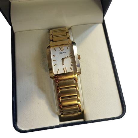Vintage Seiko 7N39-0AW0 gents gold-plated wristwatch quartz movement Date GC BOX
