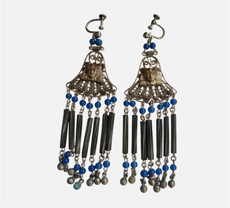 Vintage Egyptian Revival Pharaoh Filigree White Metal Glass Bead Dangle Earrings