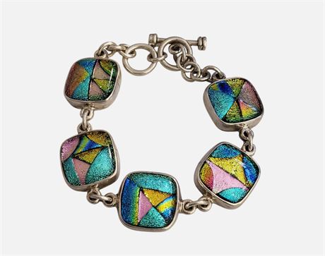 Vintage Sterling Silver Dichroic Glass Panel Link Chain Bracelet Toggle 925 VGC