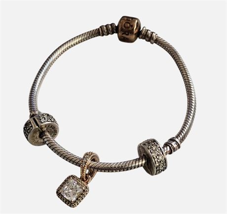 Vintage Pandora Moments Gold Plated/Silver Snake Bracelet + Three Charms 925 GC