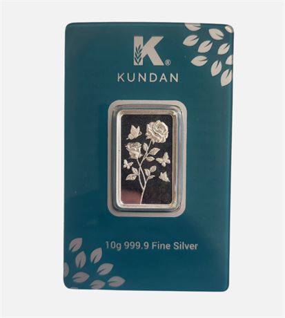 KUNDAN Rose & Butterfly Fine Silver Ingot Bar .999 10g Mint Sealed