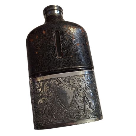 Vintage Spirit Leather Glass & Silver Plated Hip Flask Ornate GC